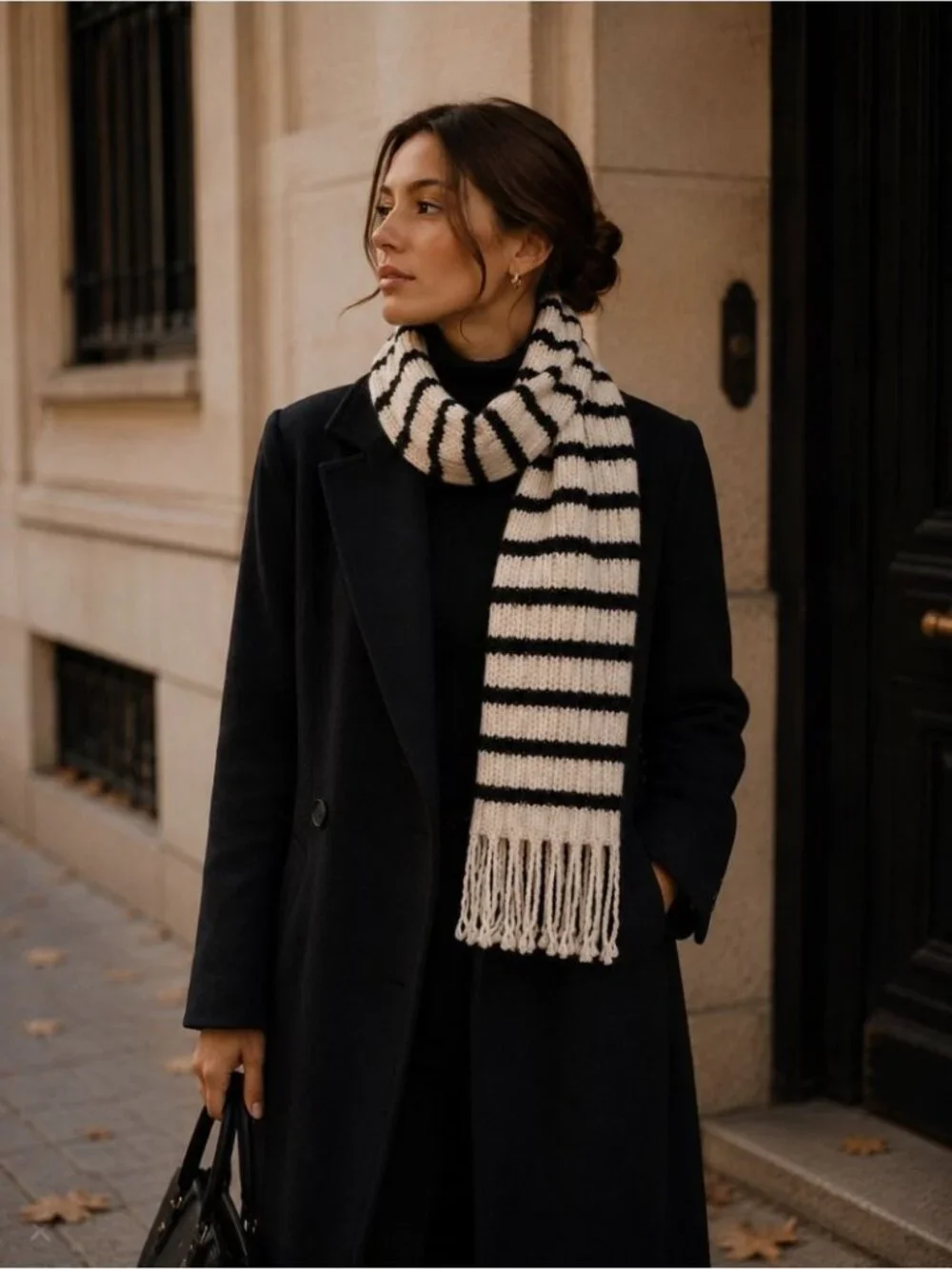 Club Monaco Lambswool Modal Scarf Cream Black Stripe Fringe Cozy Winter Minimal